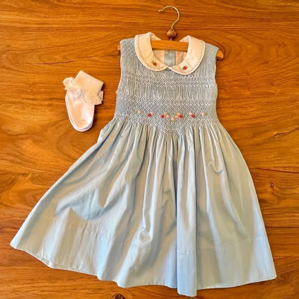 Solid Blue Smocked Dress Pink Rose Embroidery Peter Pan Collar & Sock Bundle